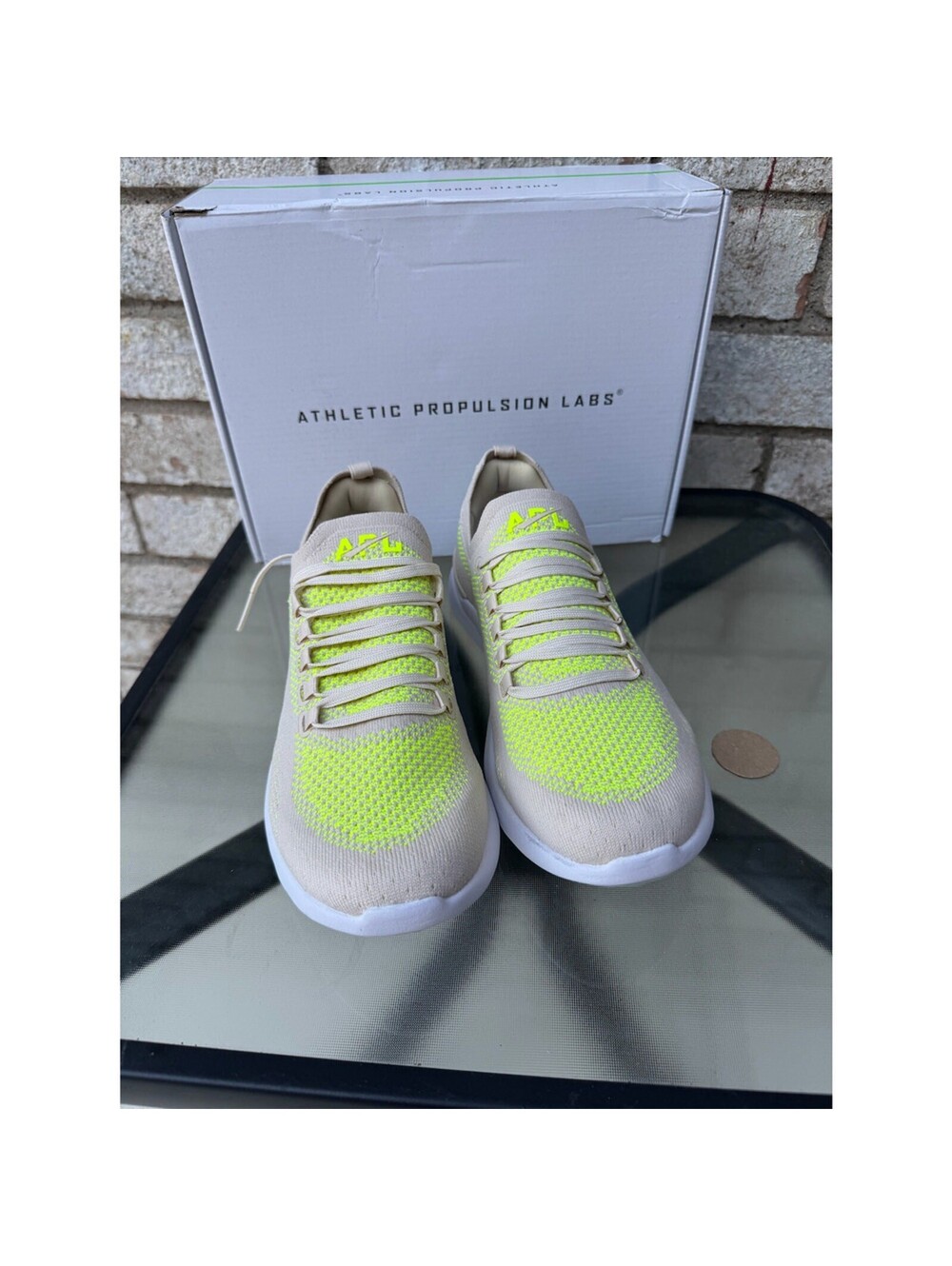 ATHLETIC PROPULSION LABS Women's Sneakers Size 8.5 Neon Yellow Beige - Picture 2 of 7